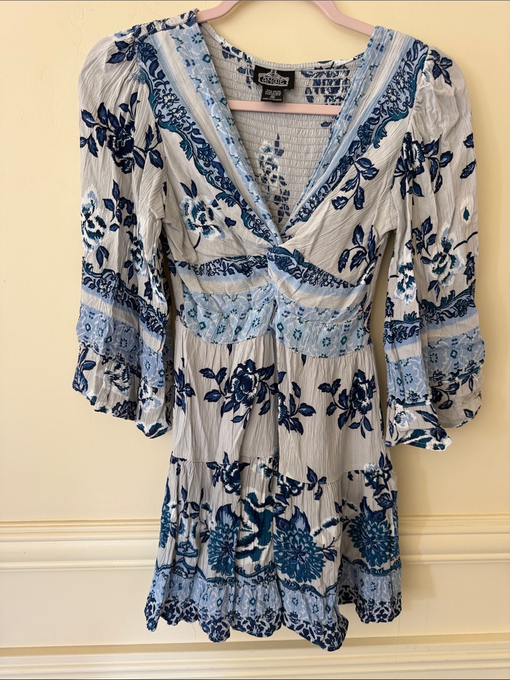 ANGIE Blue Floral Mini Dress Bell Sleeves Size M Vacation Italy Greece